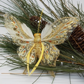 Бабочка с перьями золотая на прищепке