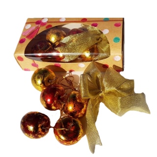 Украшение Гроздь из яблок (5 шт.) золотых с красным в подарочной упаковке (лента 40 см, яблоки диаметром 4 см)